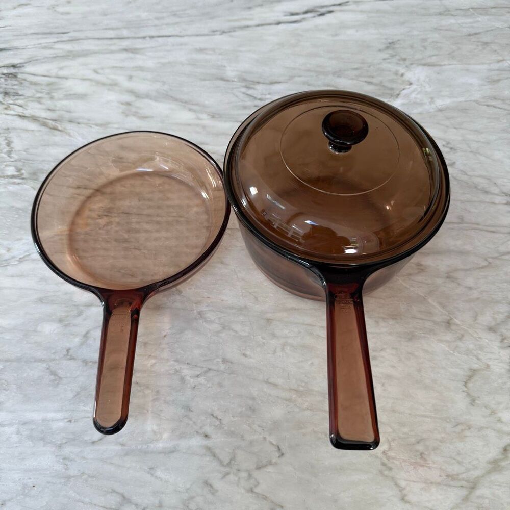 Set of 2 Vintage Pyrex Corning Ware Vision Amber Glass 1.5L Sauce Pot & skillet